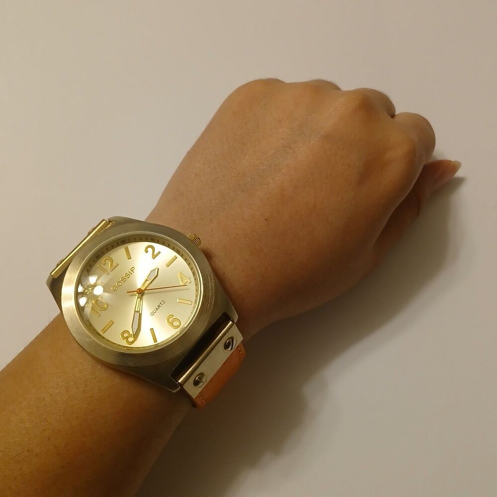 Gossip Women's Gold Tone Dial Orange Leather Band Quartz Watch Japan Movt GSP881 - Picture 6 of 12